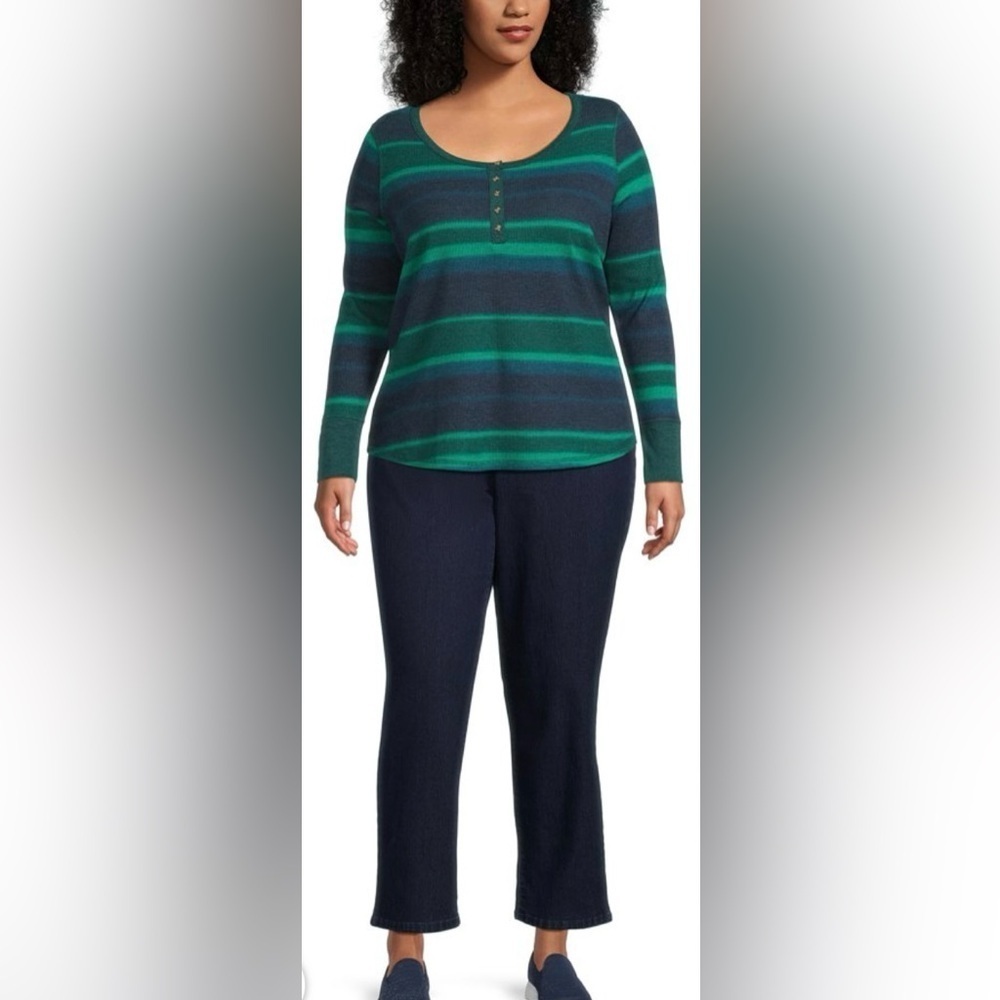 TERRA & SKY henley long sleeve waffle thermal pullover green blue top size 14W
